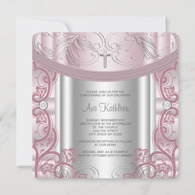 Silver och Rosa Dop för Babyflicka Inbjudningar (Framsida)