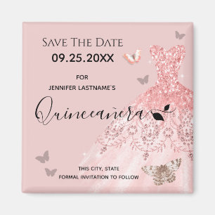 Silver och Rosa Dress Quinceanera Spara datum Magnet