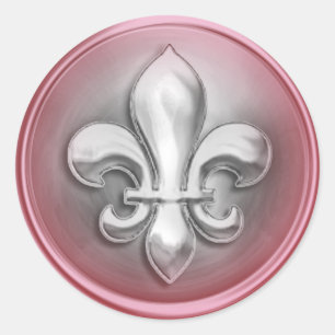 Silver och Rosa Fleur de Lis Embossed look Runt Klistermärke