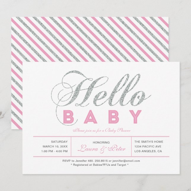 Silver och Rosa | Flickor, Chic Typography Baby Sh Inbjudningar (Fram/baksida)