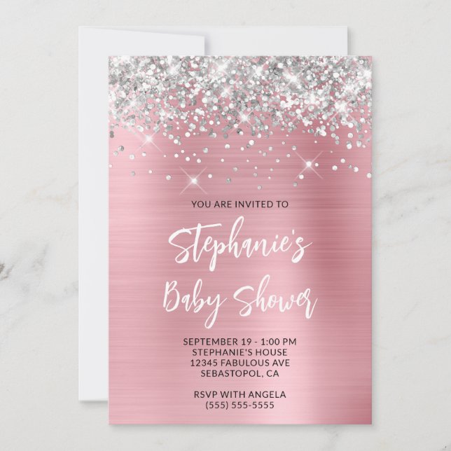 Silver och Rosa Glam Online Registry Baby Shower Inbjudningar (Framsida)