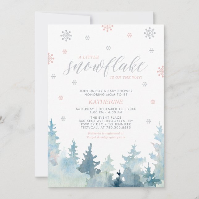 Silver och Rosa | Snöflingor, babyskor Inbjudningar (Framsida)