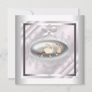 Silver och rosa stork babyflicka shower inbjudningar