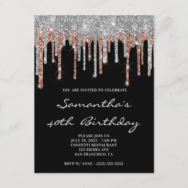 Silver och Rose Gold Glitterdroppar Svart Födelsed Vykort (Framsida)