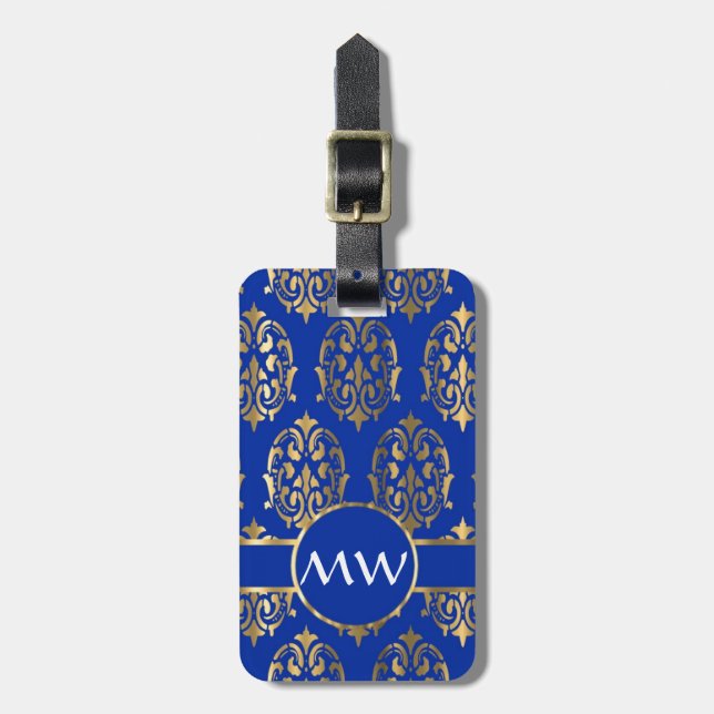 Silver och royal Blue Damask monogram Bagagebricka (Vertikal Framsida)
