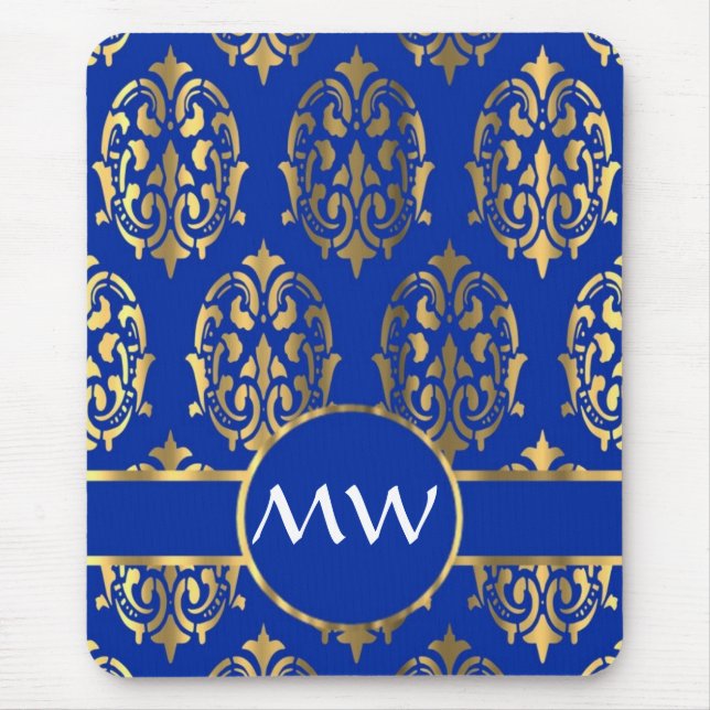 Silver och royal Blue Damask monogram Musmatta (Framsidan)