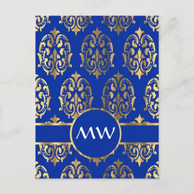 Silver och royal Blue Damask monogram Vykort (Framsida)