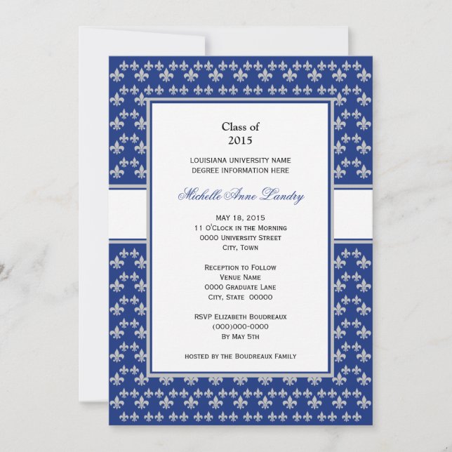 Silver och Royal Blue Fleur de Lis Studenten Inbjudningar (Framsida)