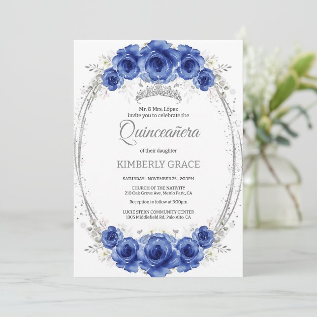 Silver och Royal Blue Ro Elegant Quinceanera Inbjudningar (Stående Fram)