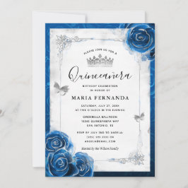 Silver och Royal Blue Rosor Elegant Quinceanera Inbjudningar