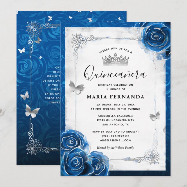 Silver och Royal Blue Rosor Elegant Quinceanera Inbjudningar (Fram/baksida)