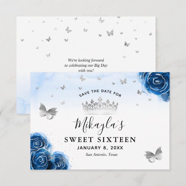 Silver och Royalblå Rosor Elegant Spara Datum Datumet (Fram/baksida)