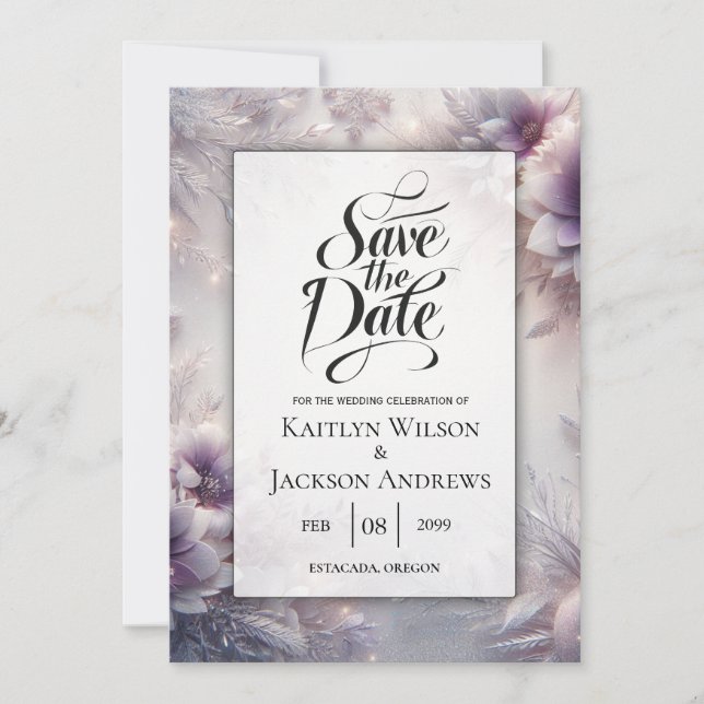 Silver och Soft Amethyst Vinter Blommar Spara Datumet (Framsida)