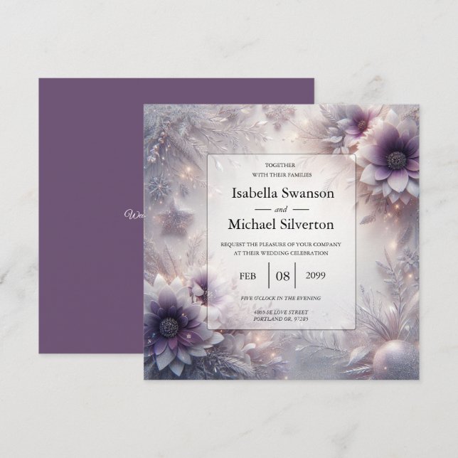 Silver och Soft Ametyst Winter Blooms Bröllop Inbjudningar (Fram/baksida)