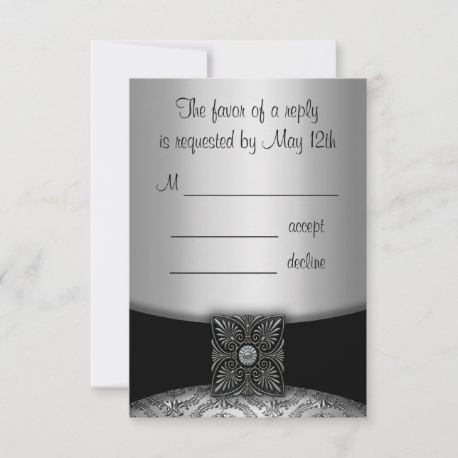 Silver och svart Damask RSVP-kort OSA Kort (Framsida)