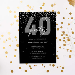 Silver och svart glitter gnistrar 40-årsdag inbjudningar