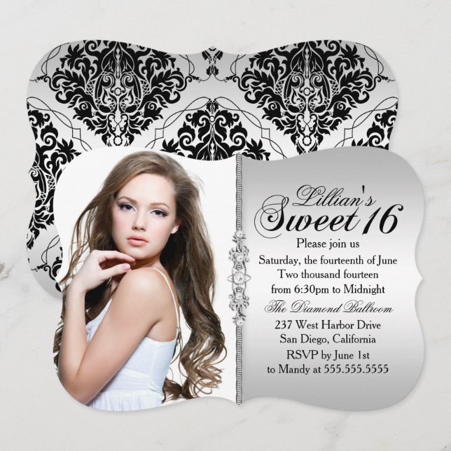Silver och svart Jewel Damask Sweet 16 födelsedag Inbjudningar (Fram/baksida)