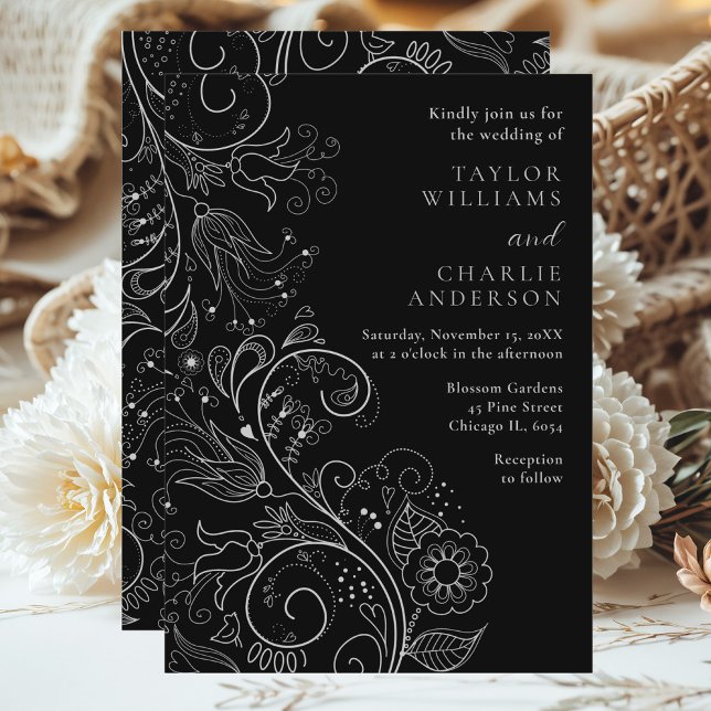 Silver och Svarta Eleganten Blommigt Bröllop Inbjudningar (Skapare uppladdad)