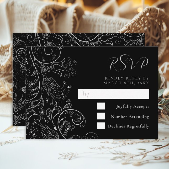 Silver och Svarta Eleganten Blommigt Bröllop OSA Kort (Skapare uppladdad)