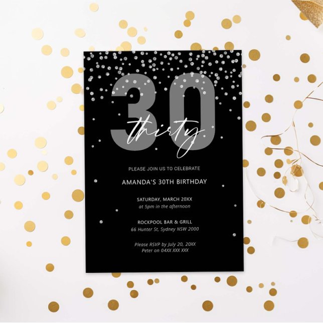 Silver och svarta glitter gnistra 30års födelsedag inbjudningar (Skapare uppladdad)