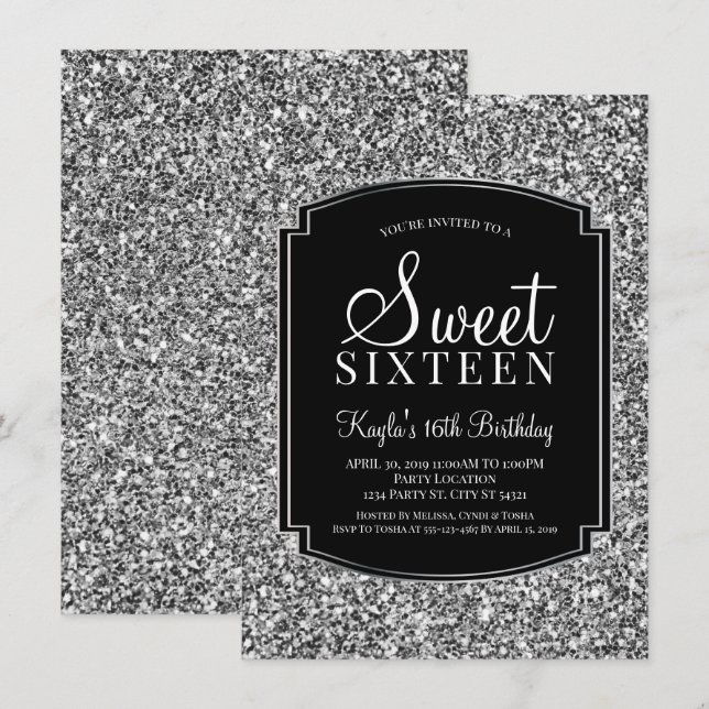 Silver och Svarta Glitter Sweet 16 inbjudningar (Fram/baksida)