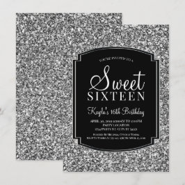 Silver och Svarta Glitter Sweet 16 inbjudningar
