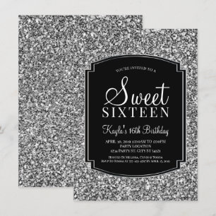 Silver och Svarta Glitter Sweet 16 inbjudningar
