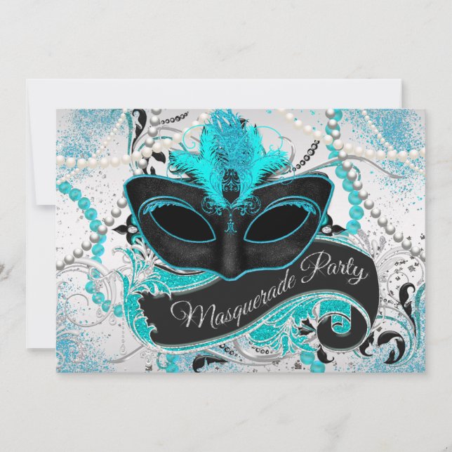 Silver och Teal Blue Masquerad Party Inbjudningar (Framsida)