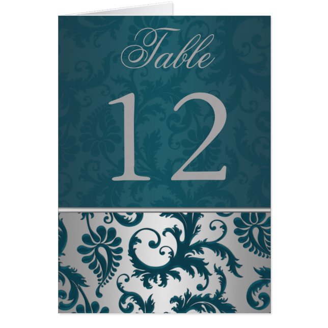 Silver och Teal Damask II-Bordsnummer 2 Hälsningskort (Framsidan)
