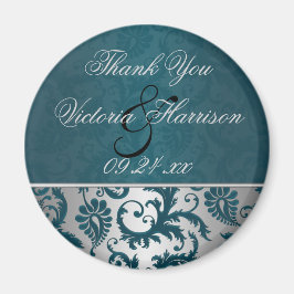 Silver och Teal Damask II Bröllopsfavoritmagnet Magnet