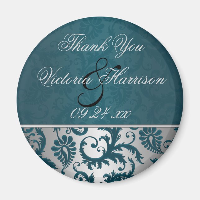 Silver och Teal Damask II Bröllopsfavoritmagnet Magnet (Framsidan)