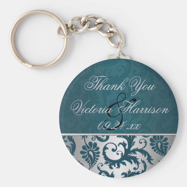 Silver och Teal Damask II: Främjande nyckelkedja f Nyckelring (Framsidan)