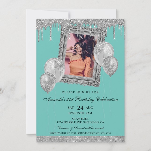 Silver och Teal Glitter Drip Foto Ram Inbjudningar (Framsida)