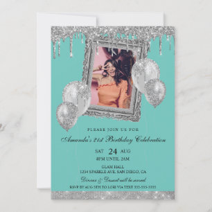 Silver och Teal Glitter Drip Foto Ram Inbjudningar