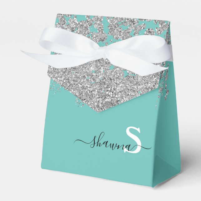 Silver och Teal Monogram Aqua Blå Glitter Presentaskar (Framsidan Sidan)
