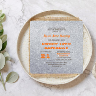Silver och Topaz Orange Glitter Sweet 16 Inbjudningar