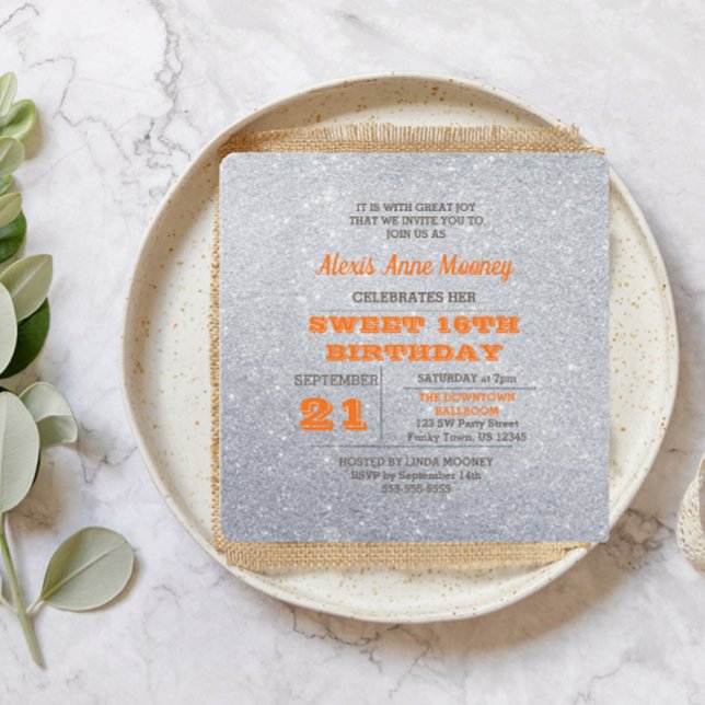 Silver och Topaz Orange Glitter Sweet 16 Inbjudningar (Skapare uppladdad)