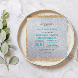 Silver och turkos Blue Glitter Sweet 16 Inbjudningar