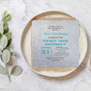 Silver och turkos Blue Glitter Sweet 16 Inbjudningar