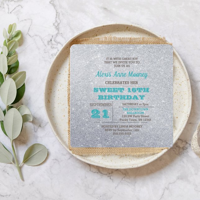 Silver och turkos Blue Glitter Sweet 16 Inbjudningar (Skapare uppladdad)