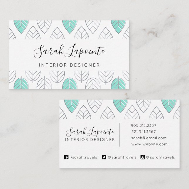 Silver och turkos Chic och det moderna Löv Mönster Visitkort (Fram/baksida)