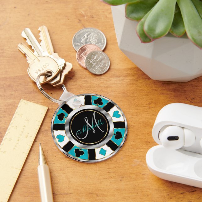 Silver och Turquise Poker Chip Design - Monogram Nyckelring (Skrivbord)