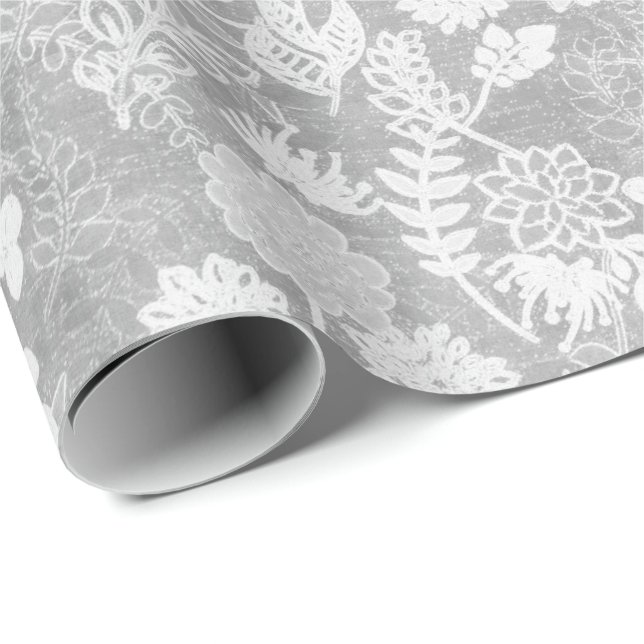 Silver och vit blommig mönster presentpapper (Rullad Hörn)