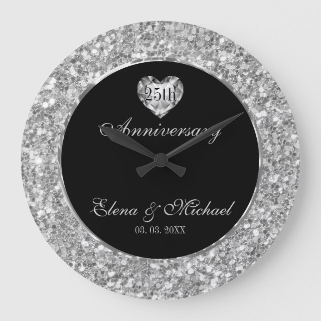 Silver och vit Glitter och hjärta Stor Klocka (Framsida)