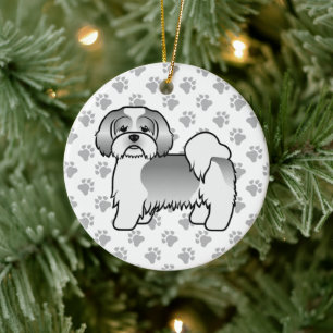 Silver Och Vit Lhasa Apso Söt Tecknad Hund Julgransprydnad Keramik