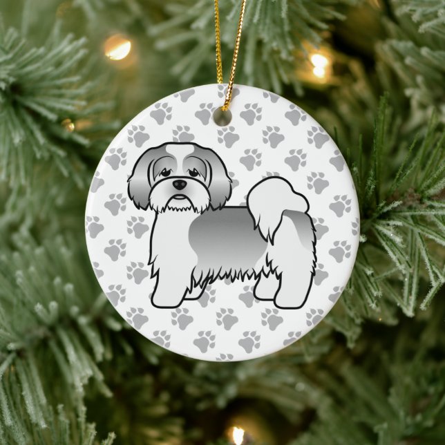 Silver Och Vit Lhasa Apso Söt Tecknad Hund Julgransprydnad Keramik (Träd)