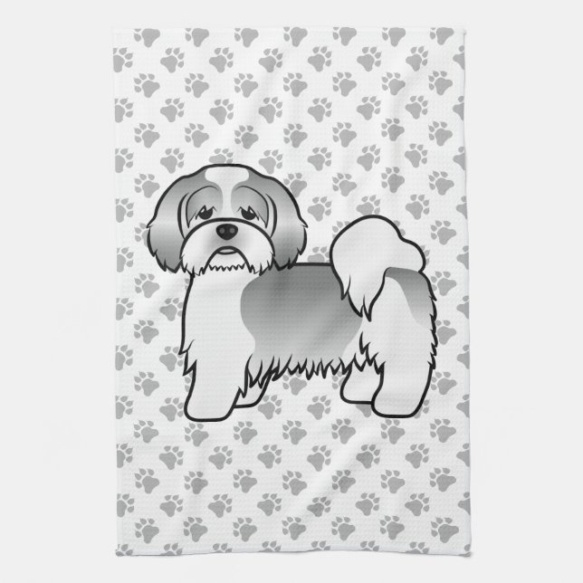 Silver Och Vit Lhasa Apso Söt Tecknad Hund Kökshandduk (Vertikal)