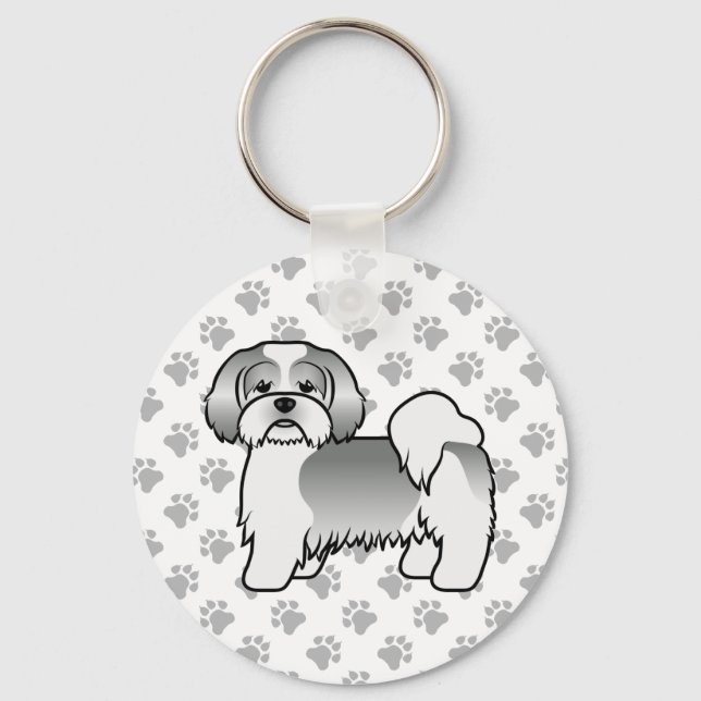 Silver Och Vit Lhasa Apso Söt Tecknad Hund Nyckelring (Framsida)