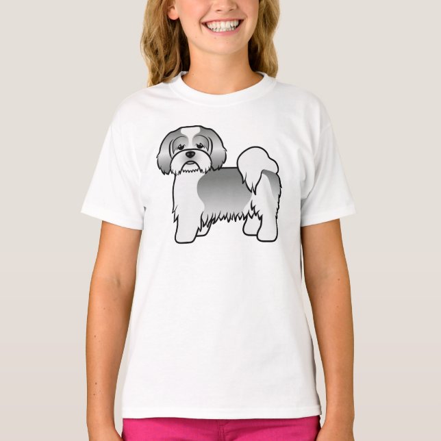 Silver Och Vit Lhasa Apso Söt Tecknad Hund T Shirt (Framsida)
