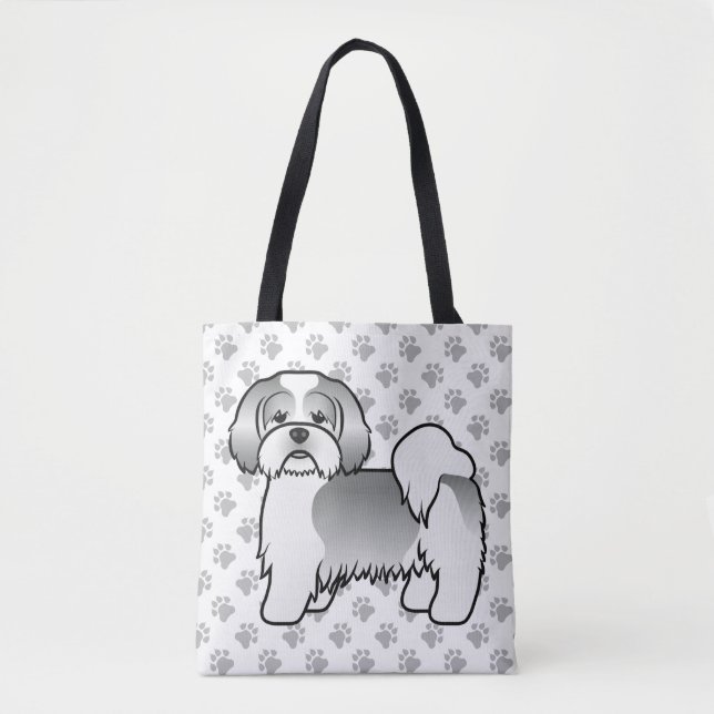Silver Och Vit Lhasa Apso Tecknad Hund & Tassar Tygkasse (Framsida)